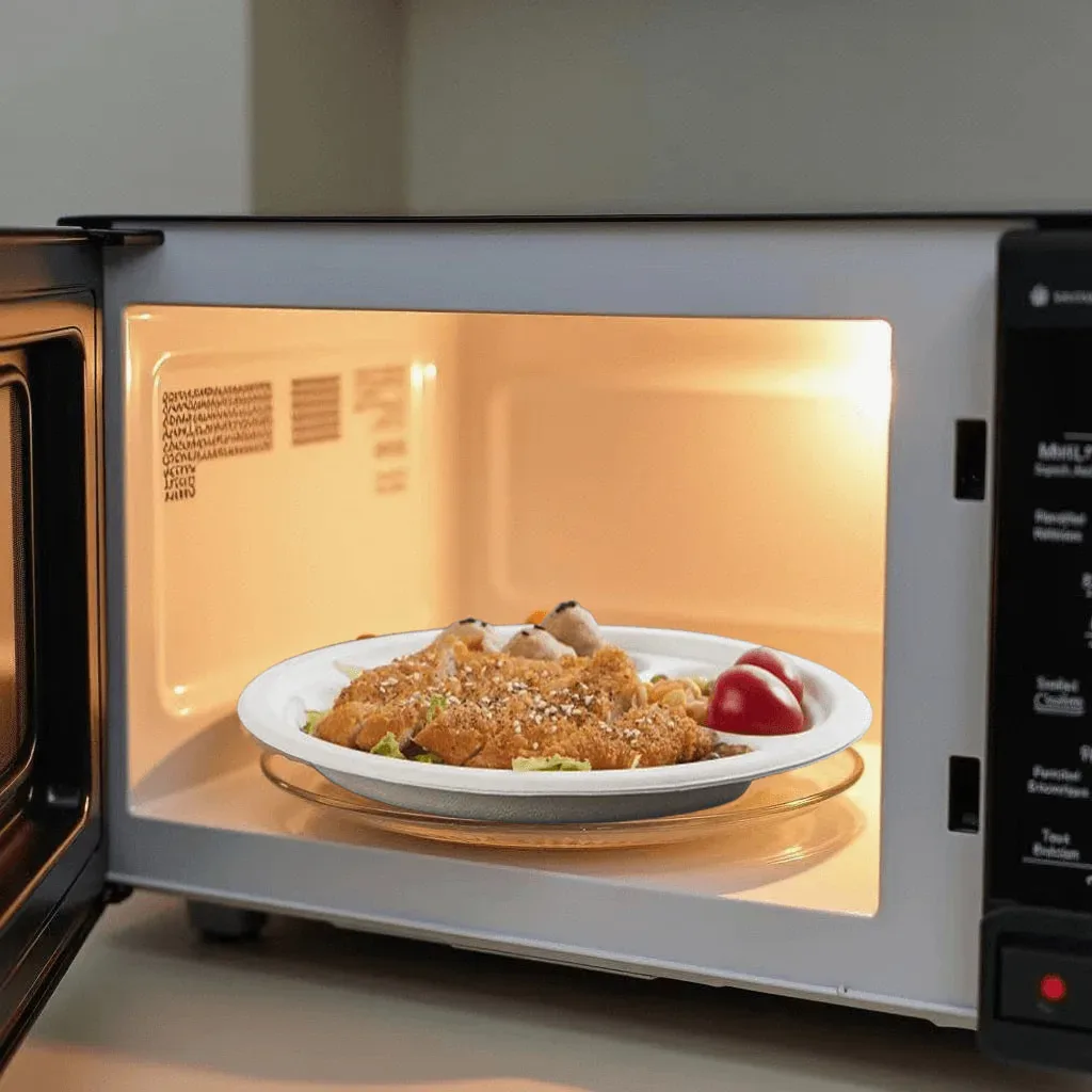 Bagasse Microwave-Safe Plate – Heat-Resistant Compostable Food Packaging Bagasse compostable plate being used to heat fried chicken and vegetables inside a microwave, demonstrating high heat resistance and food-safe performance.