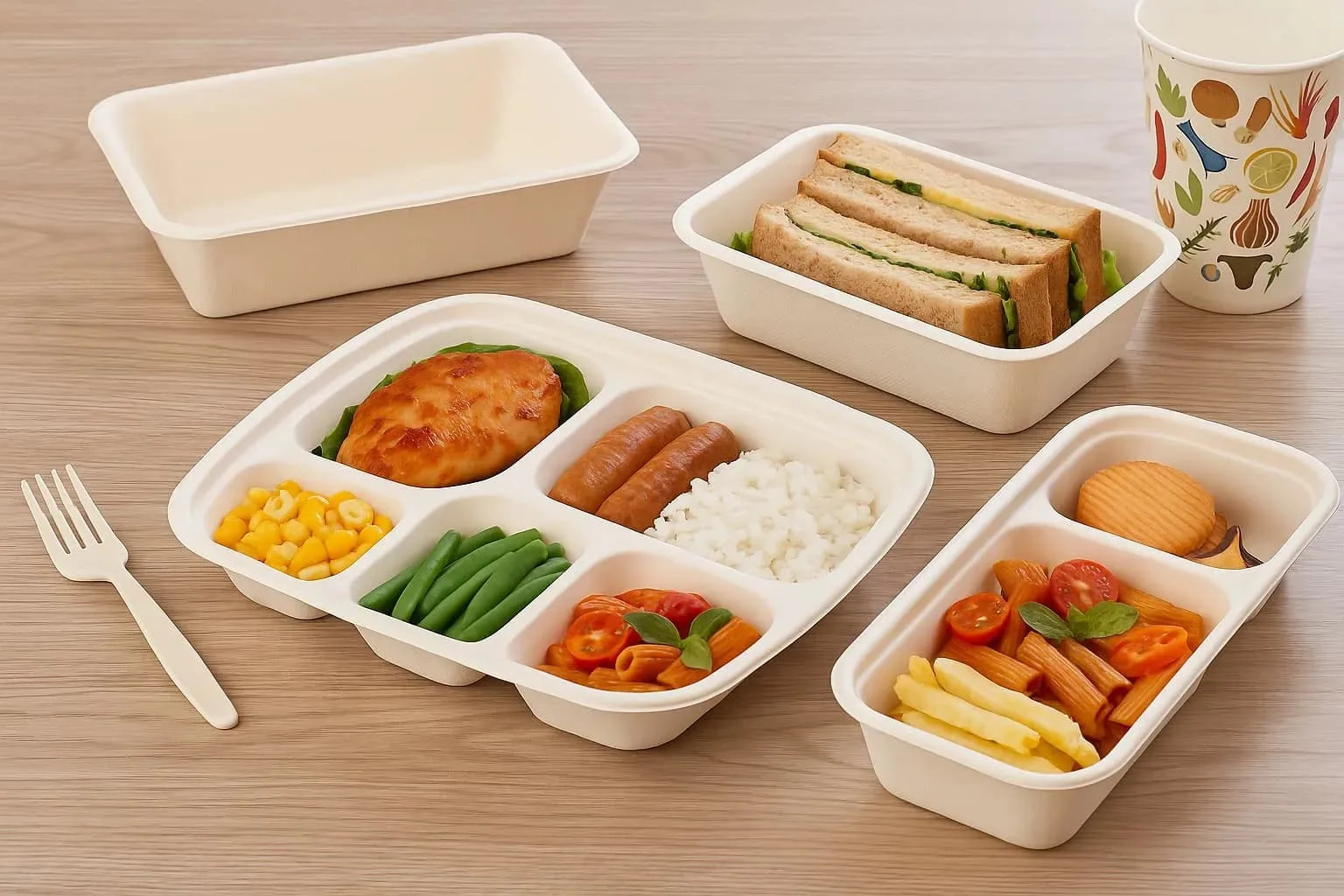Bagasse takeout containers made from sugarcane fiber, filled with hot meals to demonstrate heat resistance, oil resistance, and eco-friendly performance.