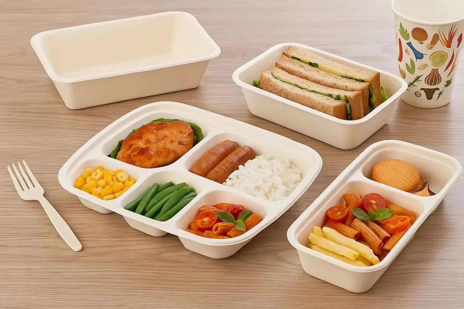 Bagasse Takeout Containers Made from Sugarcane Fiber Bagasse takeout containers made from sugarcane fiber, filled with hot meals to demonstrate heat resistance, oil resistance, and eco-friendly performance.