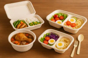 Bagasse clamshell container with hot meals and cornstarch compartment trays with cold salads, displayed on a wooden table for takeout food packaging comparison.