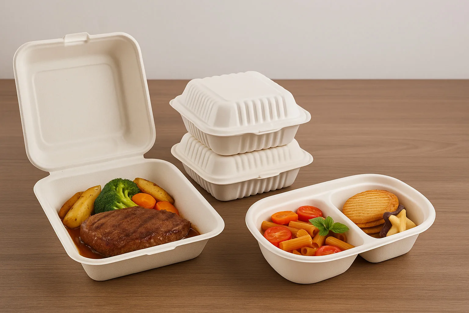 Bagasse vs Cornstarch vs Bagasse Tray – Compostable Food Container Comparison Comparison of bagasse clamshell, cornstarch clamshell, and bagasse tray biodegradable food containers displayed side by side.