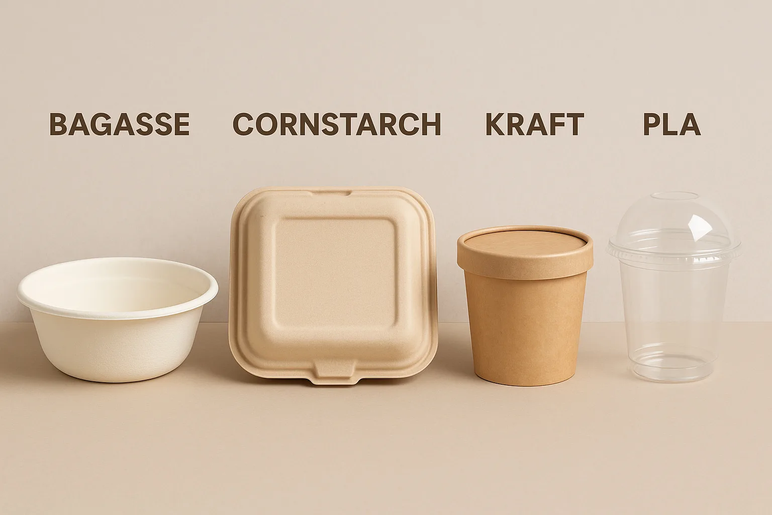 Comparaison de la bagasse, de l'amidon de maïs, du papier kraft et du PLA pour les matériaux d'emballage alimentaire biodégradables destinés aux restaurants.