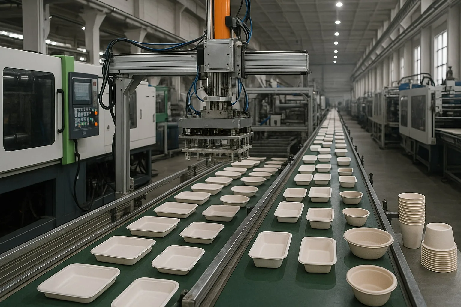 Ligne de production automatique fabriquant des bols et contenants en bagasse biodégradables dans une usine à grande échelle. Ligne de production automatique fabriquant des bols et contenants en bagasse biodégradables dans une usine à grande échelle.