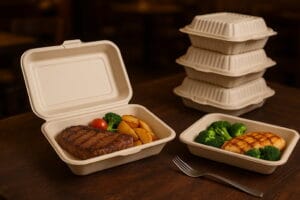 Eco-friendly biodegradable bagasse containers for hot steak and grilled meals, shown in a real restaurant setting with clamshell and tray-style packaging.
