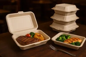 Eco-friendly biodegradable bagasse containers for hot steak and grilled meals, shown in a real restaurant setting with clamshell and tray-style packaging.