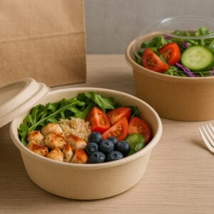 Biodegradable salad bowls made from bagasse and kraft paper filled with fresh healthy salads, with compostable CPLA cutlery on a wooden table.