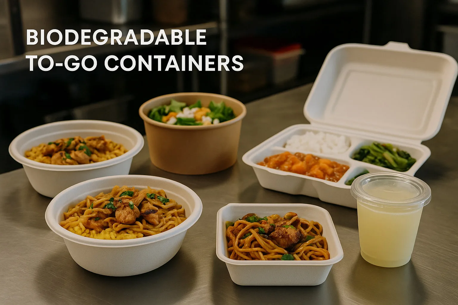 Envases biodegradables para llevar a restaurantes, como bivalvas de bagazo, cuencos de papel kraft y fiambreras de almidón de maíz para uso real en servicios alimentarios.