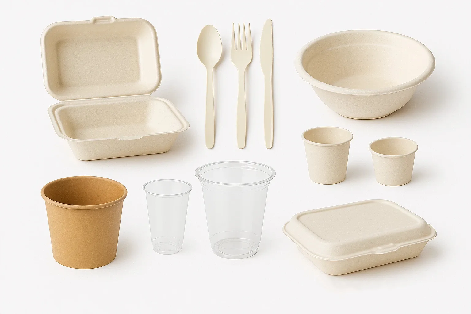 清潔感のある白を背景に、バガス製クラムシェル容器、バガス製ボウル、コーンスターチ製カトラリー、コーンスターチ製デザートカップ、クラフト紙製ボウル、PLA製コールドカップ、蓋付きトレイ、スープ容器を陳列したバイオリーダー製品マトリックス。