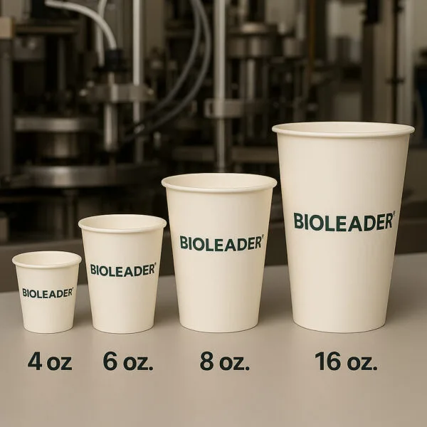 Five Bioleader paper cups in different sizes arranged from small to large on a factory production line background, showcasing the full 2–22oz manufacturing range.