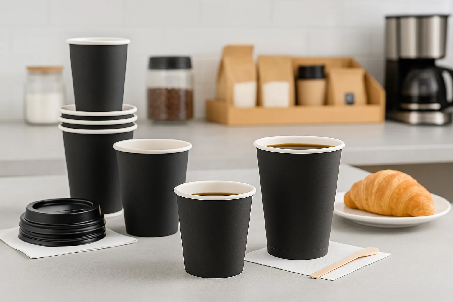 コーヒーショップのカウンターに並べられた、白い縁の黒い使い捨て紙コップ。