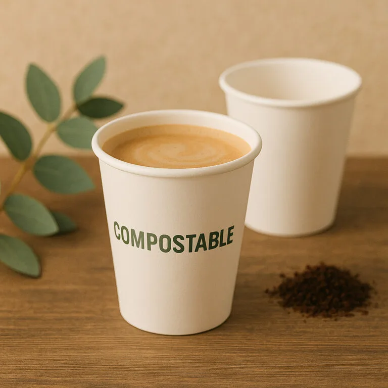 Copos brancos de papel biodegradável e compostável para bebidas quentes numa mesa de madeira, apresentando materiais ecológicos para cafés e takeaway.