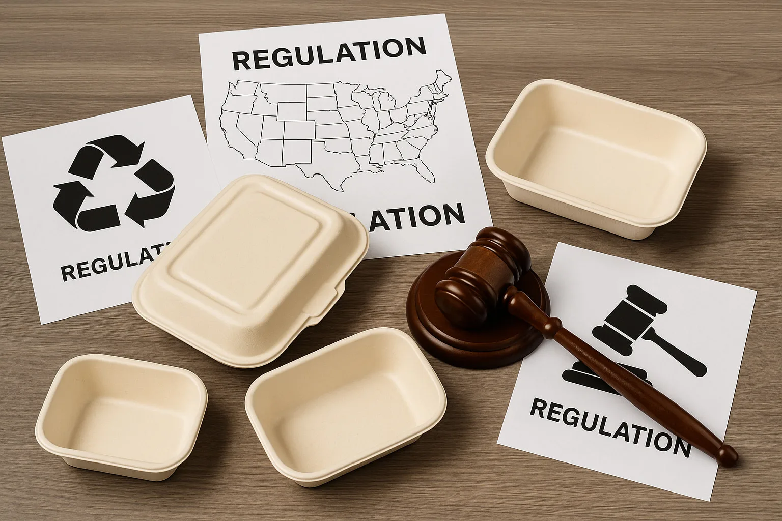 Compostable Packaging Regulations and Bagasse Food Containers Regulatory documents, a judge’s gavel, and compostable bagasse food containers representing global and U.S. regulations pushing food businesses toward eco-friendly packaging.