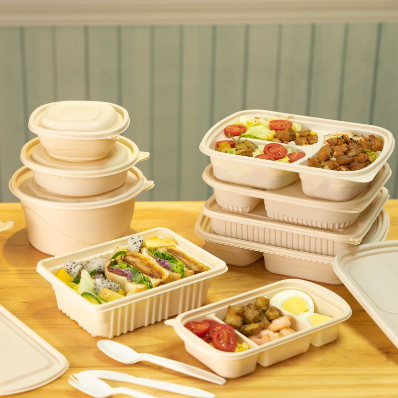Bioleader® Compostable Plastic Tableware including clamshell boxes, bowls, and cutlery made from cornstarch, eco-friendly and compostable