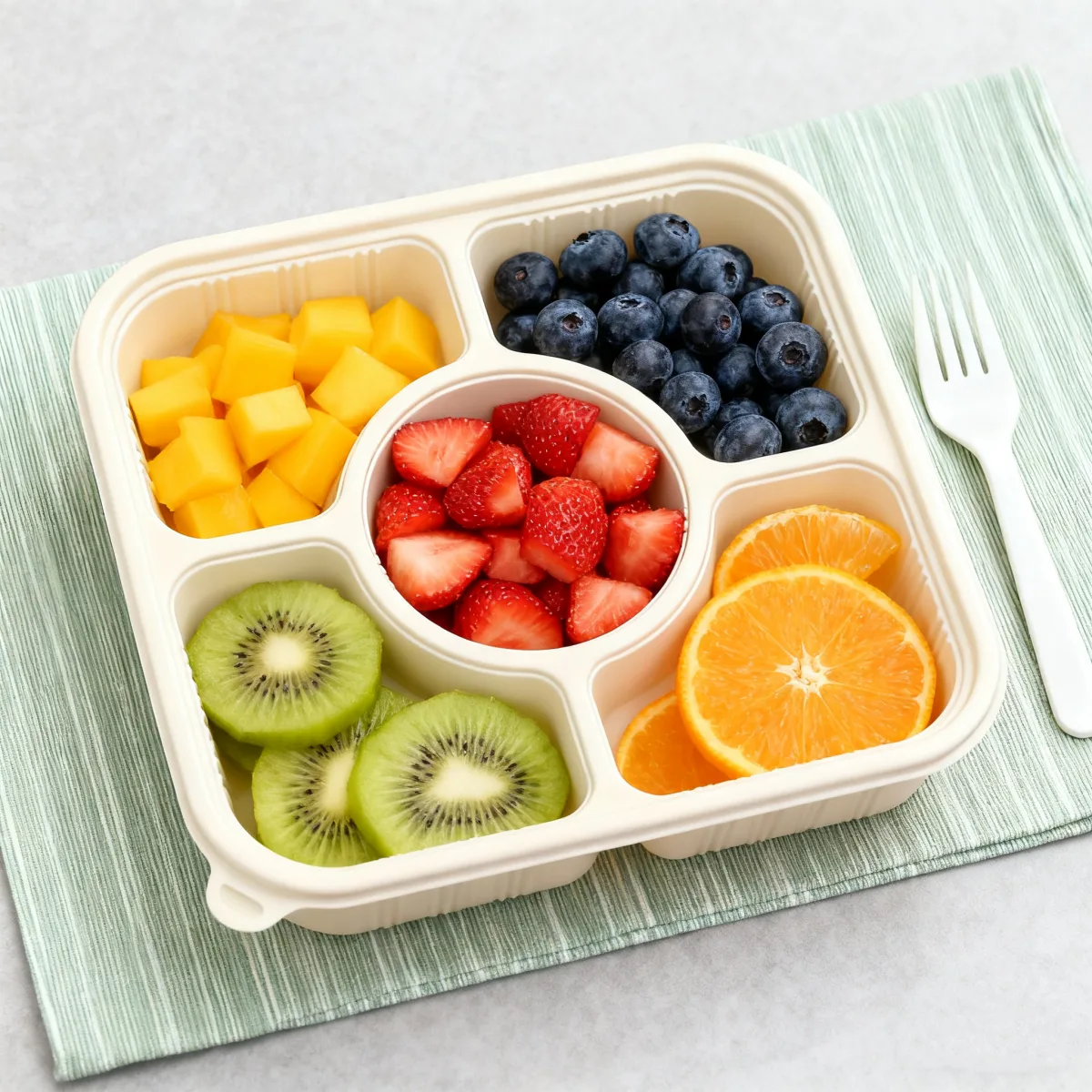 Cornstarch compartment food tray filled with fresh fruits, ideal for cold and warm meals within 65–75°C, showcasing biodegradable cornstarch food packaging by Bioleader.