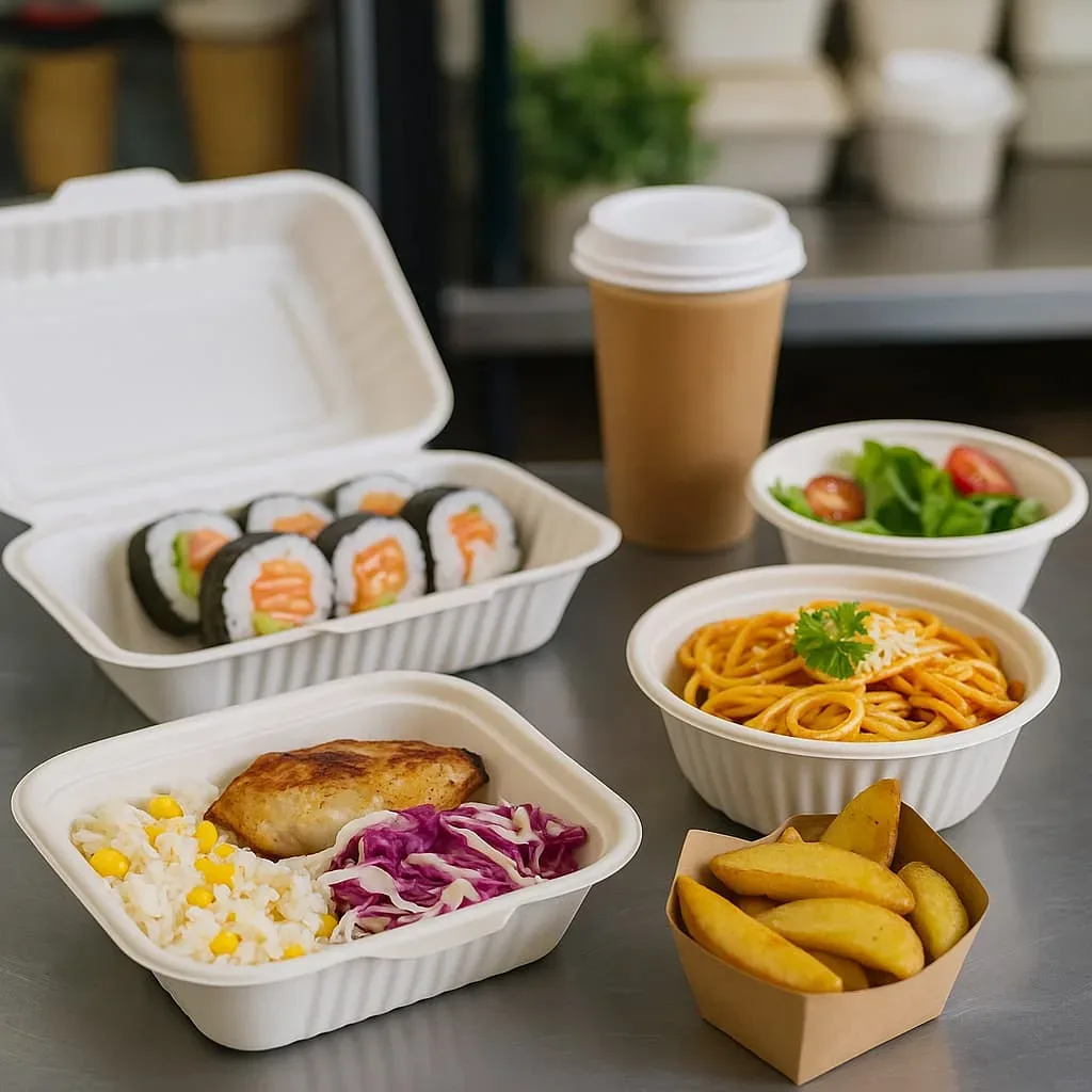 Envases de almidón de maíz para llevar con platos variados, como sushi, pasta, patatas fritas y ensalada, acompañados de cubiertos biodegradables de almidón de maíz para servir comida fría y caliente.