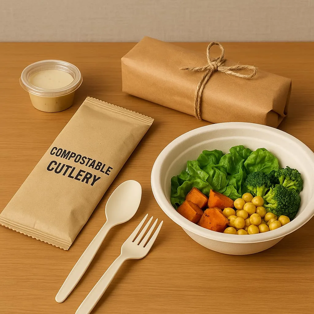Couverts compostables en CPLA pour bols à salade biodégradables Couverts compostables en CPLA comprenant fourchettes et cuillères conçus pour accompagner les bols à salade biodégradables des marques d'alimentation saine.