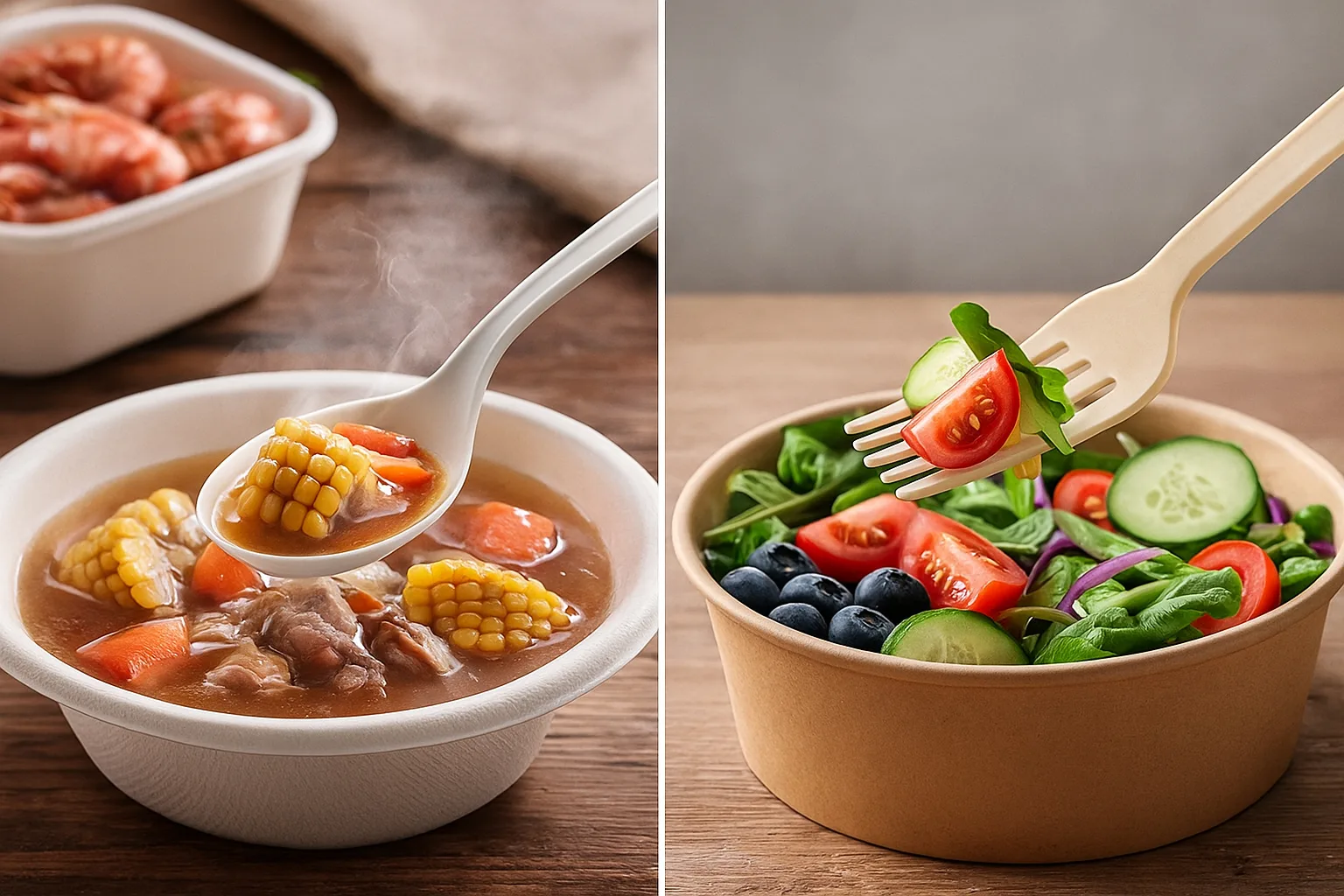 CPLA vs Cornstarch Cutlery – Heat Resistance and Use-Case Comparison CPLA spoon used with a hot soup in a bagasse bowl compared with a cornstarch fork used with a cold salad, showing heat resistance and use-case differences between the two biodegradable cutlery materials.