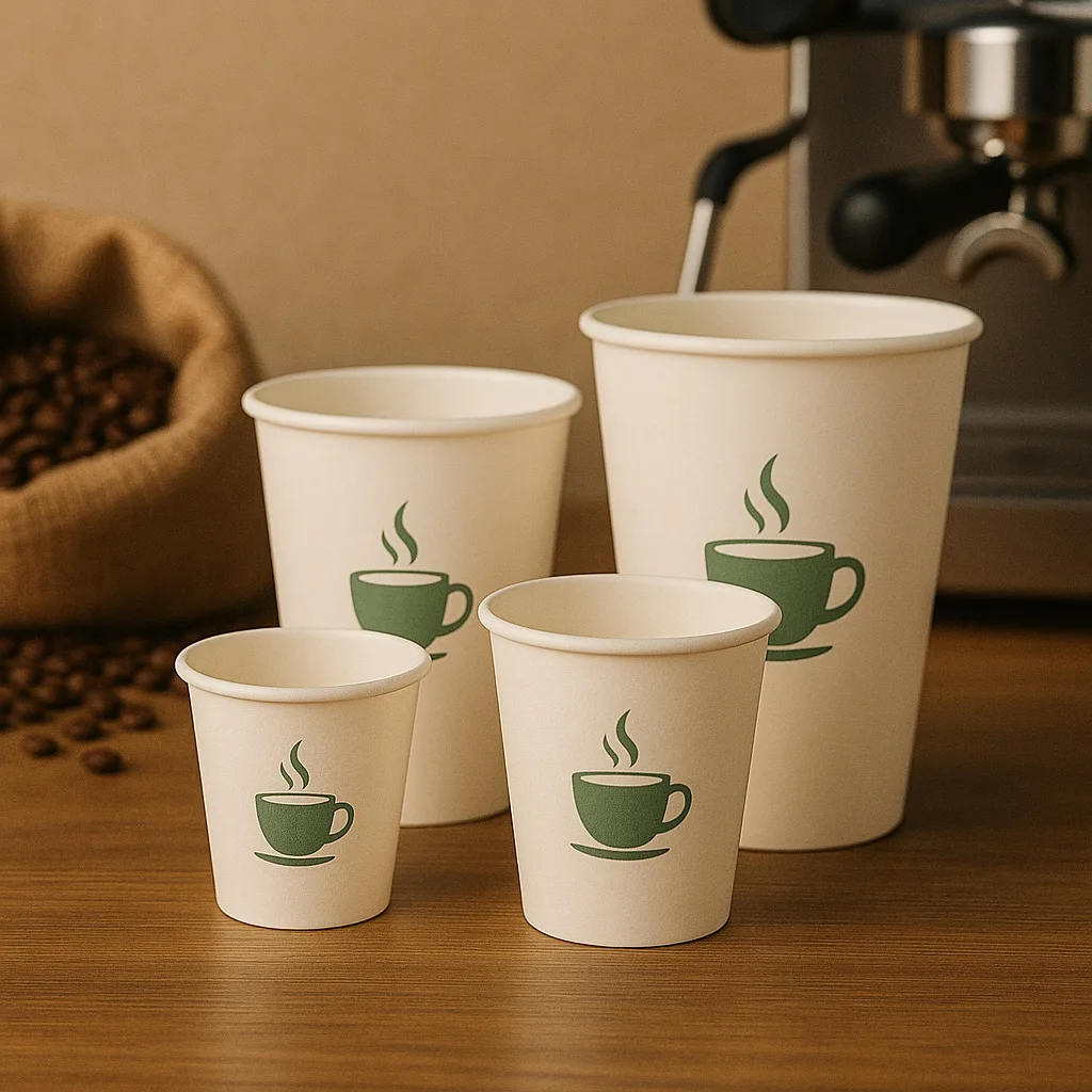 Tasses à café compostables personnalisées de différentes tailles - 8 oz, 12 oz, 16 oz et 20 oz - présentées dans un cadre de style café pour les besoins d'emballage biodégradable en gros.