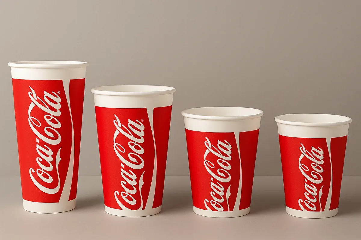 Set rode papieren bekers met aangepaste opdruk in verschillende formaten, ontworpen voor het serveren van koude dranken met een merknaam en om mee te nemen.