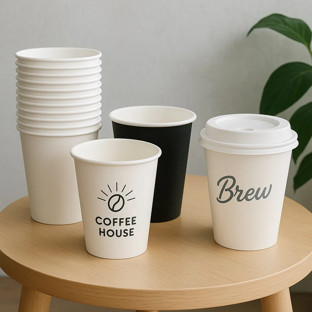 Weiße und schwarze Einweg-Papierbecher mit individuell bedruckten Logos, die in einer sauberen Umgebung mit natürlichem Licht für Branding- und Großhandelszwecke präsentiert werden.