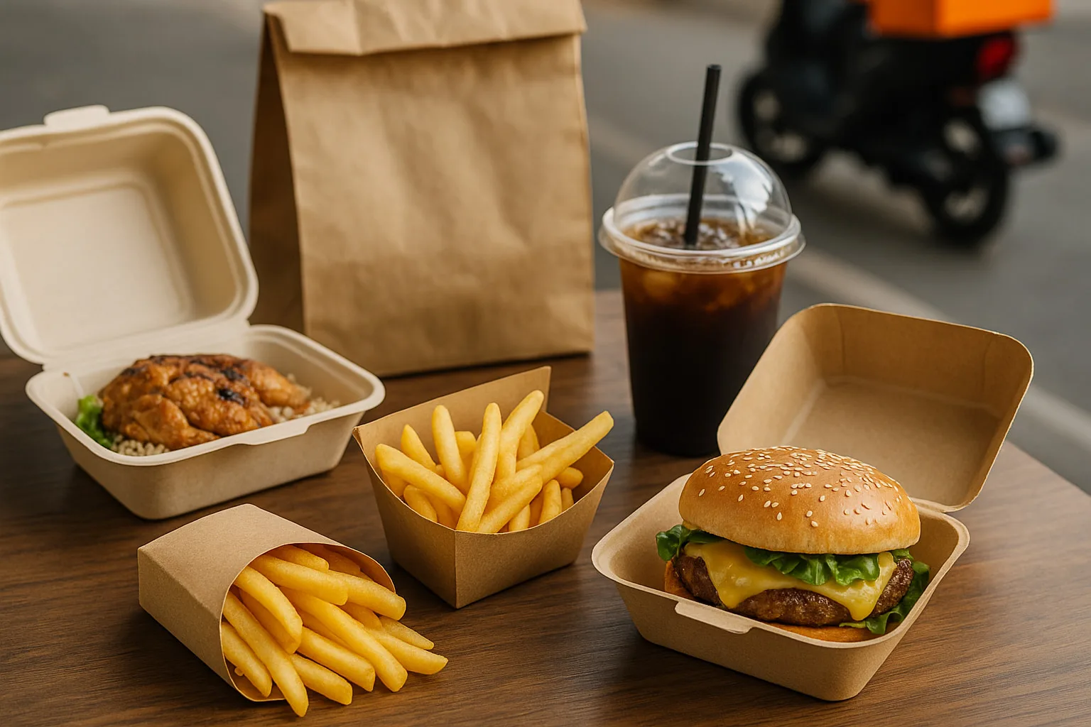 Disposable takeout packaging for fast-food meals featuring bagasse containers, kraft burger boxes, fry sleeves, and a cold drink cup in a real delivery-ready scene.