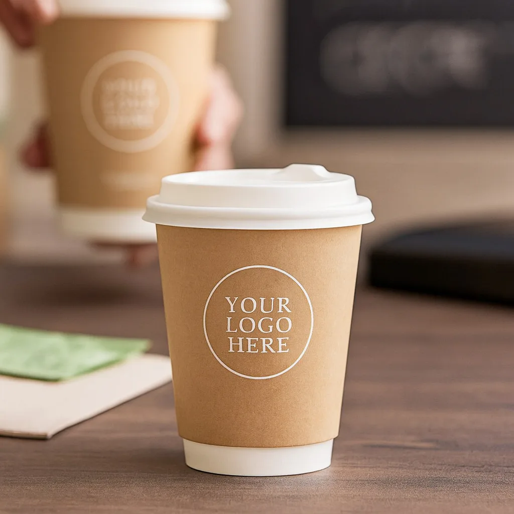 Doppelwandiger Papierbecher für Heißgetränke auf einem Cafétisch mit individuellem Logo, ideal für isolierten Kaffee zum Mitnehmen.