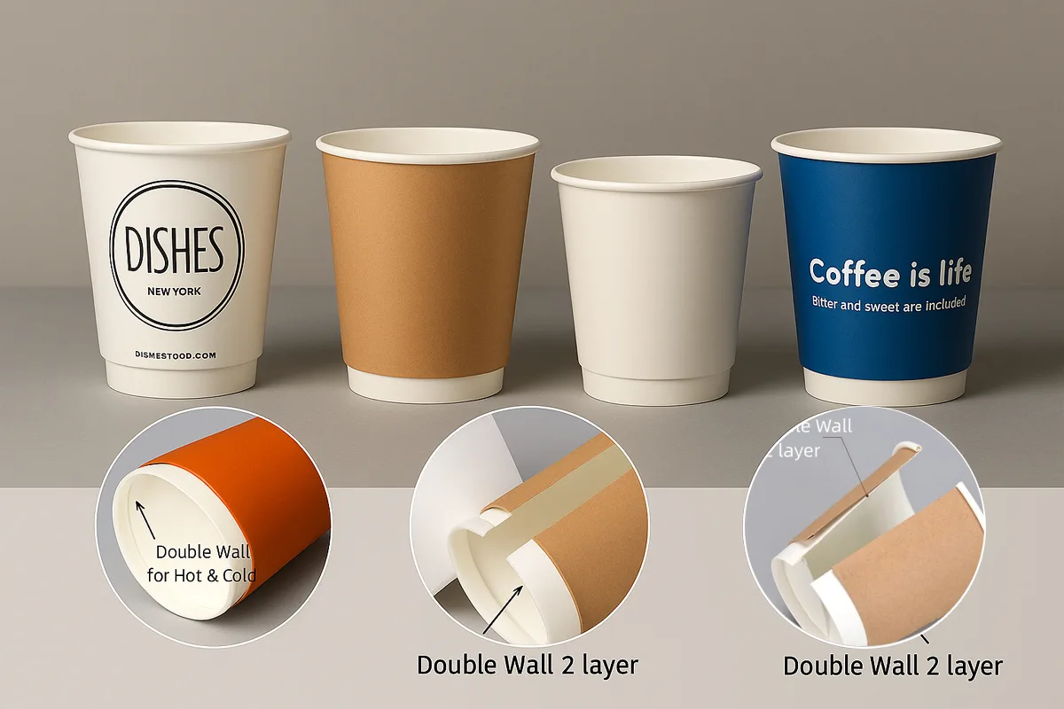 Double wall insulated paper cups in various colors with custom logo printing, showing two-layer hollow wall structure for hot coffee and tea.