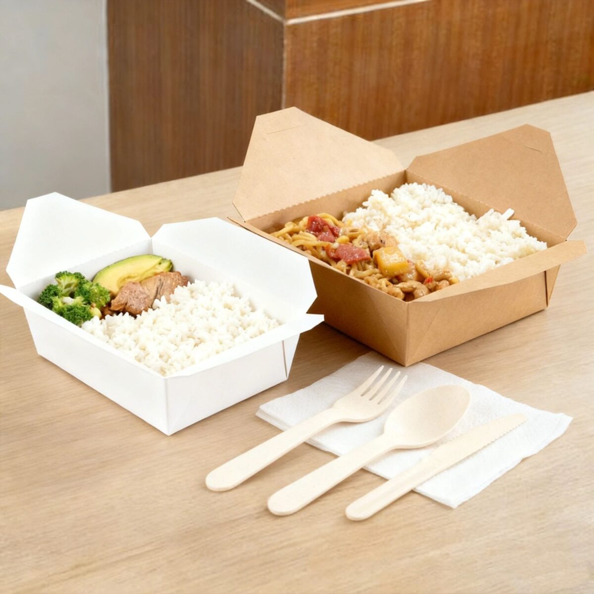 Kraft and white eco disposable food boxes in 500–2000ml sizes filled with hot meals, shown with compostable cutlery, ideal for meal prep, microwave use, and takeaway delivery.