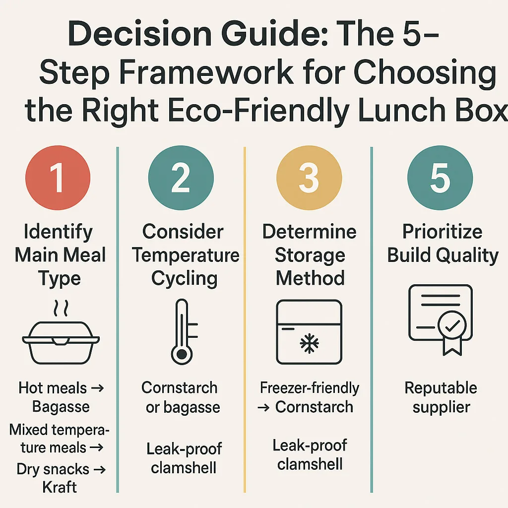 Экологически чистый ланч-бокс 5-этапное руководство по принятию решения Инфографика, показывающая 5-этапное руководство по принятию решения при выборе экологичных ланч-боксов, сравнивая тип еды, температурный режим, способ хранения и качество сборки.