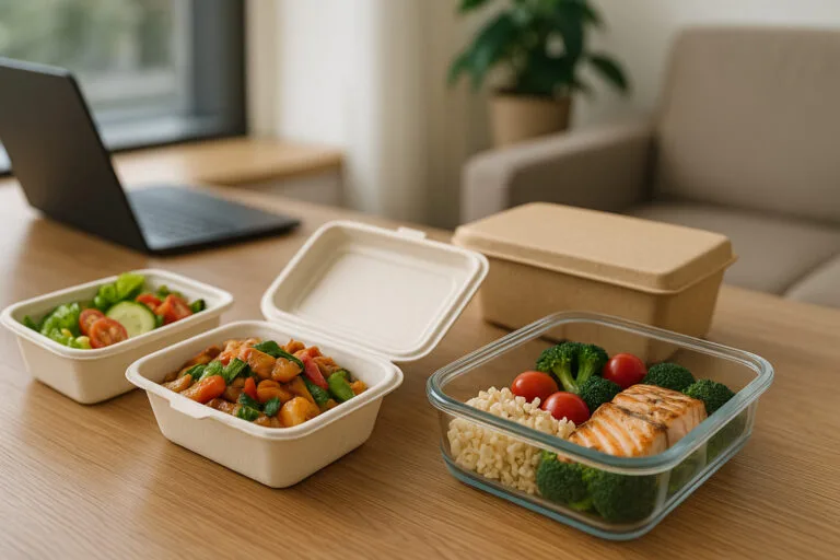 Eco-friendly lunch boxes for home and office meals including bagasse containers, cornstarch trays, and glass meal-prep boxes on a desk.