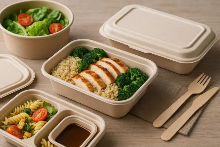 Milieuvriendelijke meeneemverpakkingen met echte maaltijdscène met biologisch afbreekbare bagasse voedseldozen