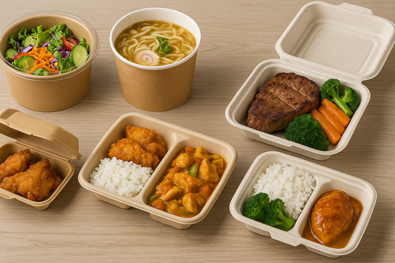 Une variété de plats à emporter comprenant de la salade, de la soupe aux nouilles, du poulet frit, du riz au curry, du steak et des plats chauds présentés dans des bols en kraft et des conteneurs en bagasse pour illustrer le fait que des aliments différents nécessitent des types d'emballage différents.