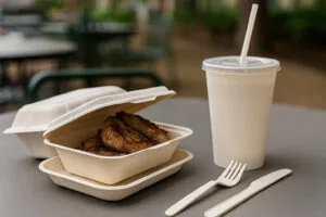 Cornstarch biodegradable drinking cup paired with a bagasse takeaway container on an outdoor table, illustrating GCC-compliant compostable food packaging for hot and cold meals.