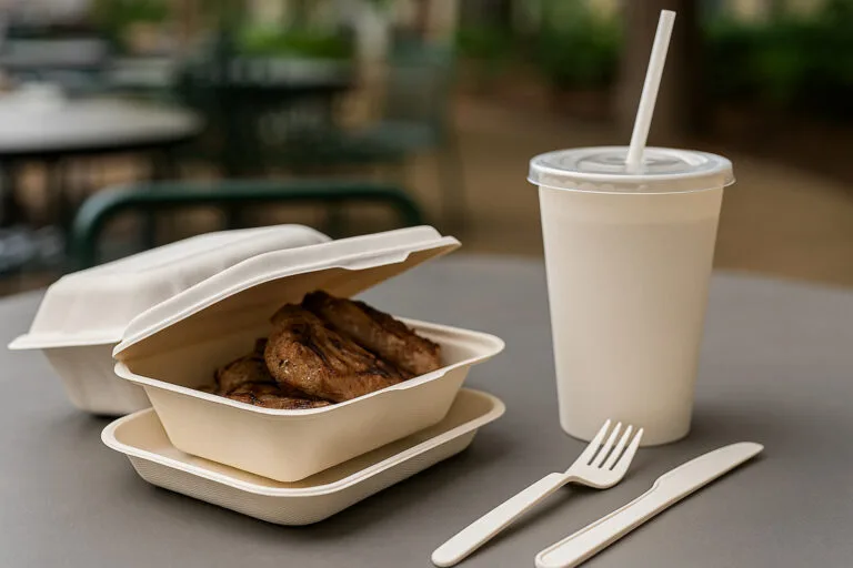 Gobelet biodégradable en amidon de maïs associé à un récipient en bagasse pour les plats à emporter sur une table en plein air, illustrant les emballages alimentaires compostables conformes au CCG pour les repas chauds et froids.