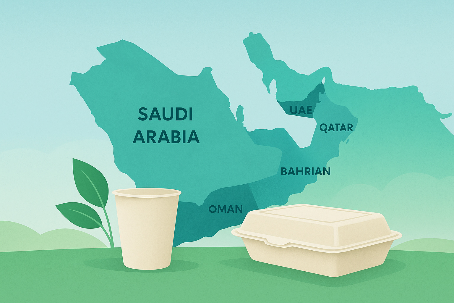 GCC Biodegradable Packaging Regulations Map Illustration Illustration of the GCC region map with biodegradable bagasse and cornstarch food packaging in the foreground, symbolizing GCC 2025–2026 sustainable packaging regulations.