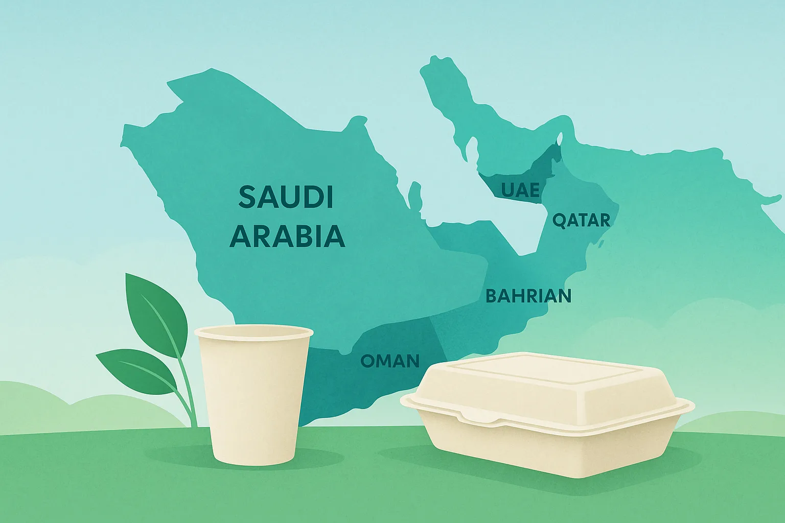 Illustration of the GCC region map with biodegradable bagasse and cornstarch food packaging in the foreground, symbolizing GCC 2025–2026 sustainable packaging regulations.