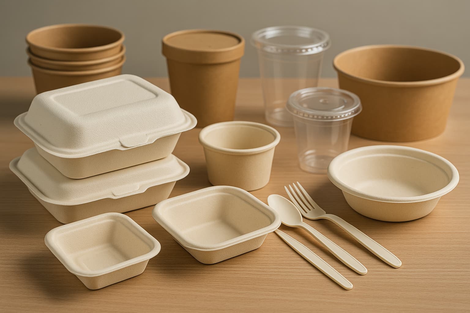 GCC-Compliant Biodegradable Packaging – Bagasse, Cornstarch, Kraft, PLA and CPLA Assorted biodegradable food packaging products including bagasse clamshells, cornstarch trays, kraft paper bowls, PLA cups, and CPLA cutlery, representing full GCC-compliant and PFAS-free packaging standards.
