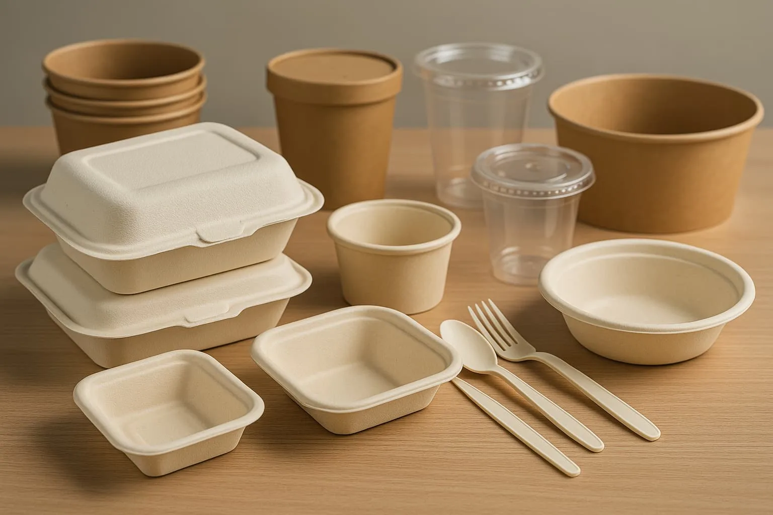 Assorted biodegradable food packaging products including bagasse clamshells, cornstarch trays, kraft paper bowls, PLA cups, and CPLA cutlery, representing full GCC-compliant and PFAS-free packaging standards.