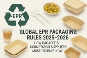 EPR logo with a collection of compostable tableware including bagasse containers, white CPLA cutlery, PLA cold cups, and eco-friendly bowls displayed on a beige background.