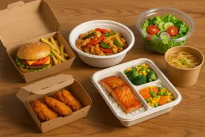 A variety of disposable takeout food containers including bagasse bowls, kraft boxes, salad bowls, and paper soup cups, showing different food types to illustrate how to choose the right container for each meal.