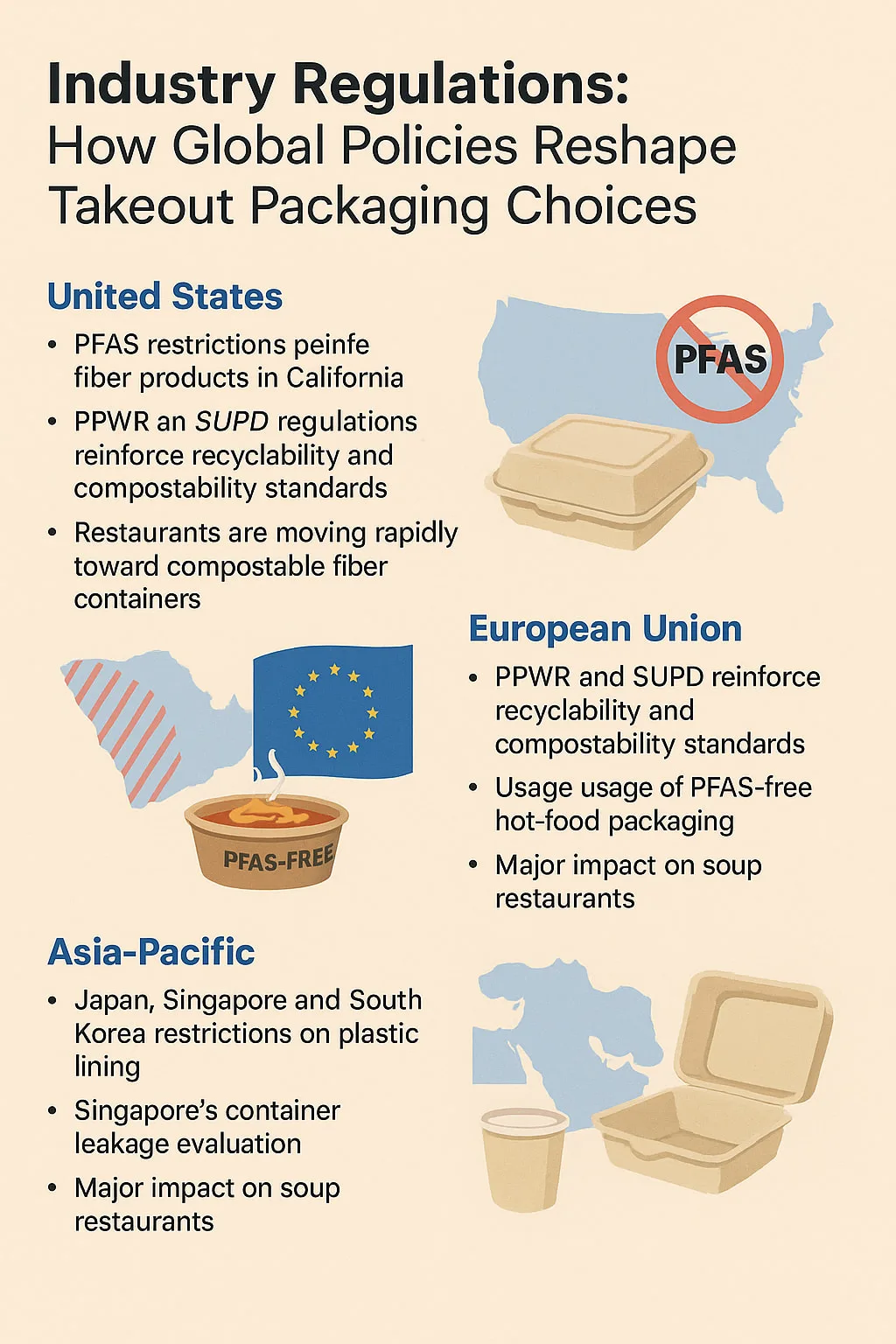 Infografia que mostra as regulamentações globais de embalagens takeaway nos Estados Unidos, União Europeia, Ásia-Pacífico e Médio Oriente, destacando proibições de PFAS, regras de reciclabilidade, restrições de plástico e a mudança para recipientes compostáveis de bagaço e à base de papel.