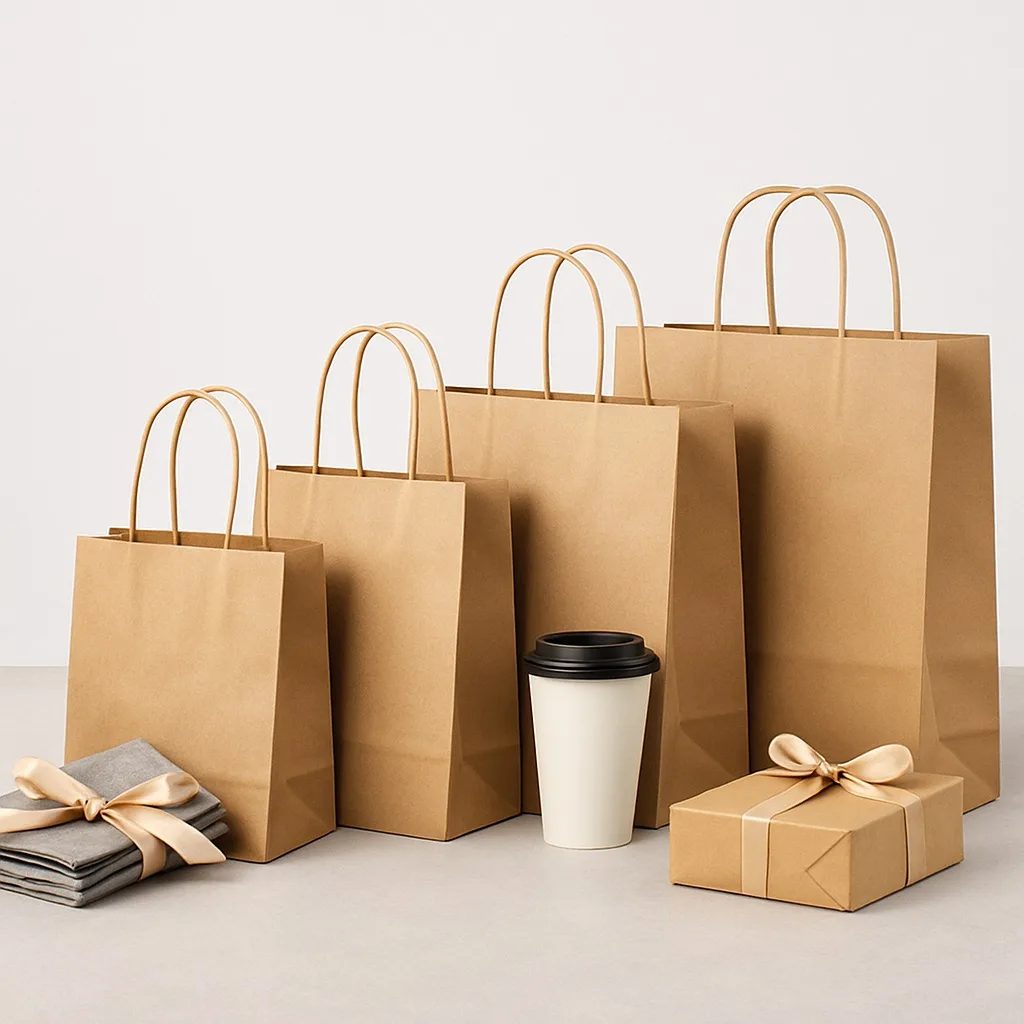 Krafttragetaschen mit Griffen in verschiedenen Größen, die mit einer Kaffeetasse und einer Geschenkbox für den Einzelhandel und zum Mitnehmen präsentiert werden.