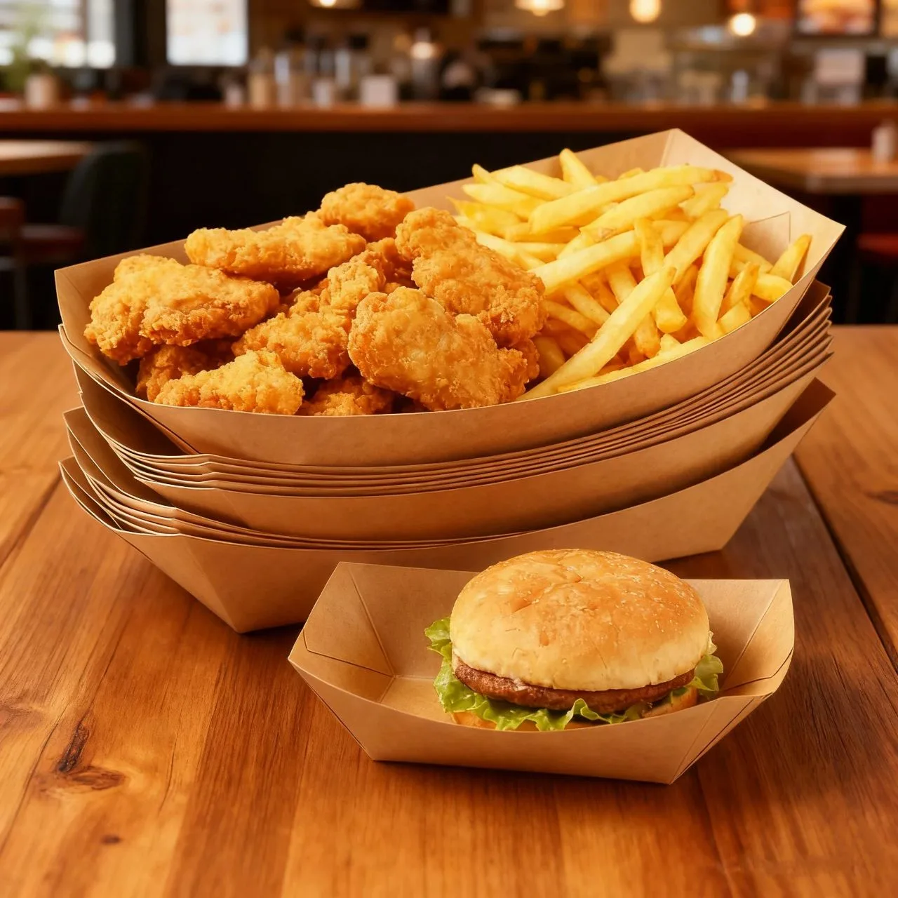 Grease-resistant kraft paper food trays filled with fried chicken, fries and a burger for street food and event service.
