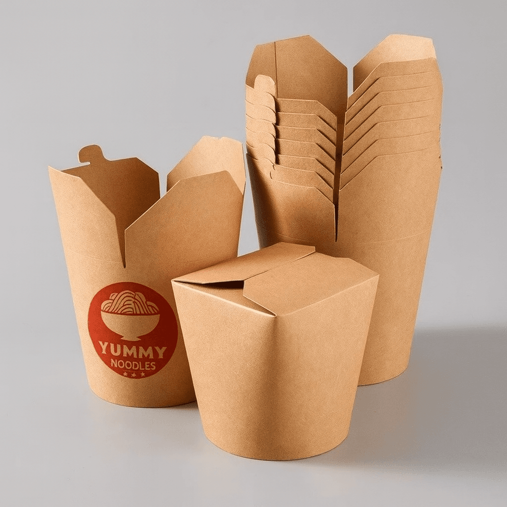 Caixas de noodles em papel kraft para impressão personalizada, apresentando recipientes empilháveis para levar, adequados para comida asiática e entrega.