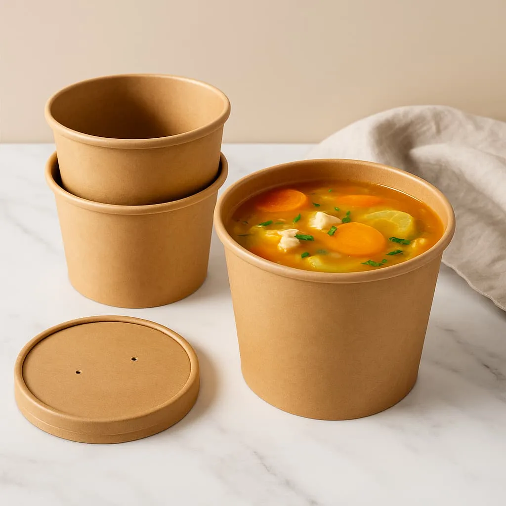 Bol à soupe en papier kraft remplis de soupes chaudes, de nouilles, de ramen, de pho et de pâtes, démontrant des performances thermiques pour la vente à emporter et la livraison en restauration.