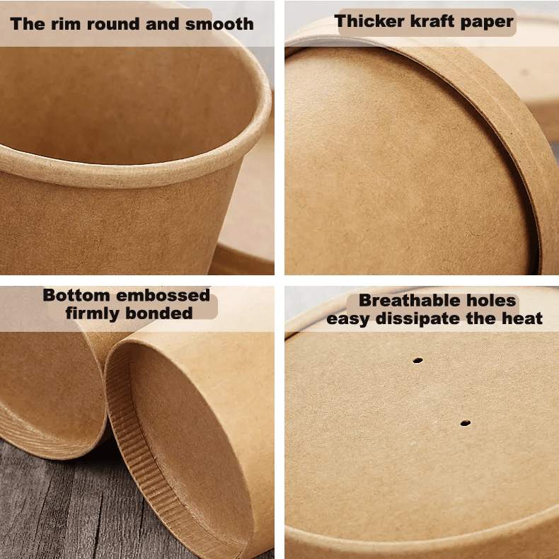Tampa ventilada de camada dupla para ventilação do vapor e controlo da pressão Recipiente para sopa em papel kraft com uma tampa ventilada de camada dupla com quatro orifícios de libertação de vapor para controlo da pressão e embalagem segura de alimentos quentes.