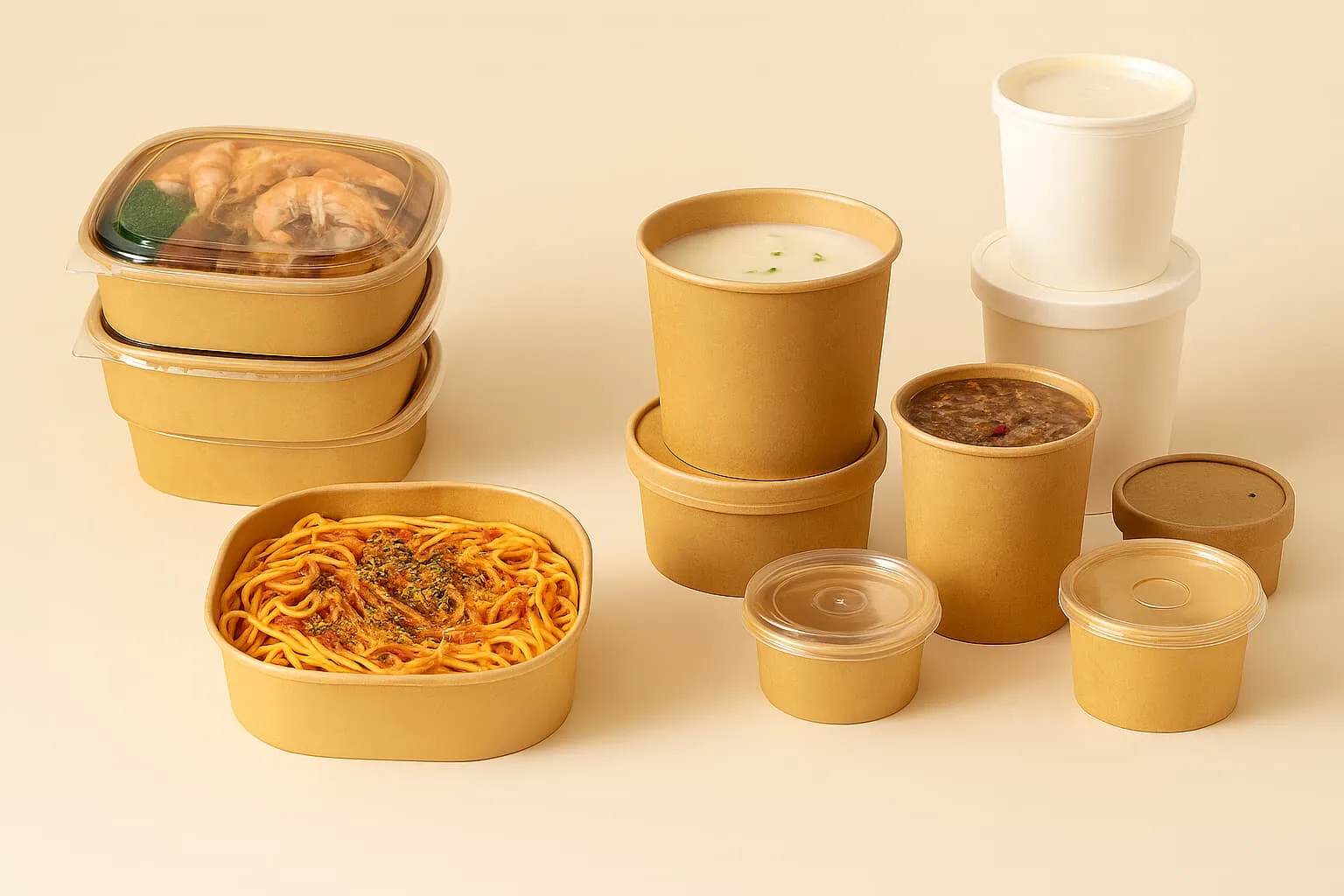 Contenants à emporter et saladiers en papier kraft utilisés pour les repas froids, les fruits et les plats légers, présentant un emballage écologique avec des couvercles transparents en PLA ou en PET.