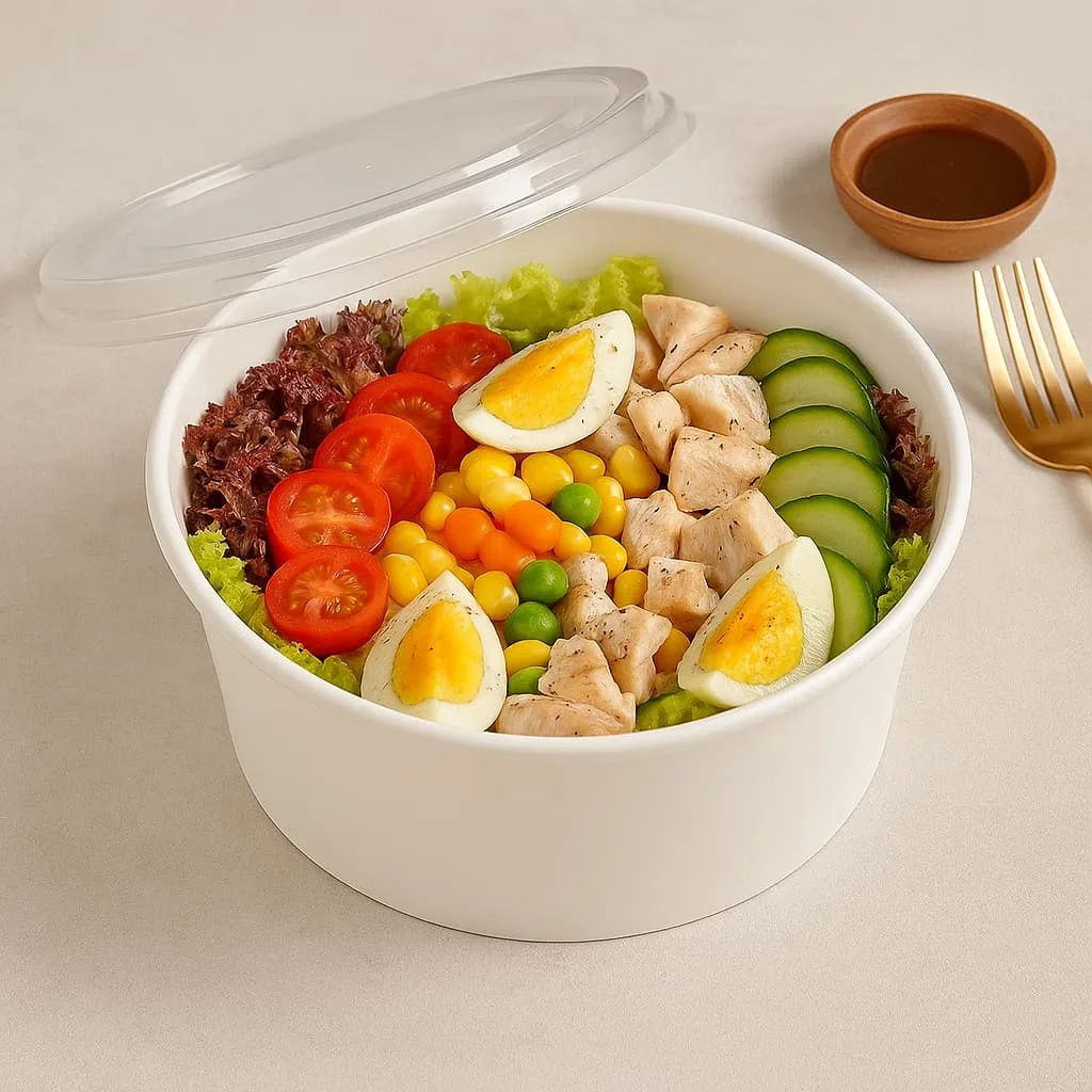 Bol à salade en kraft avec couvercles transparents PLA remplis d'aliments froids tels que des salades, des poke, des nouilles froides et des desserts, idéaux pour la vente à emporter et la livraison.