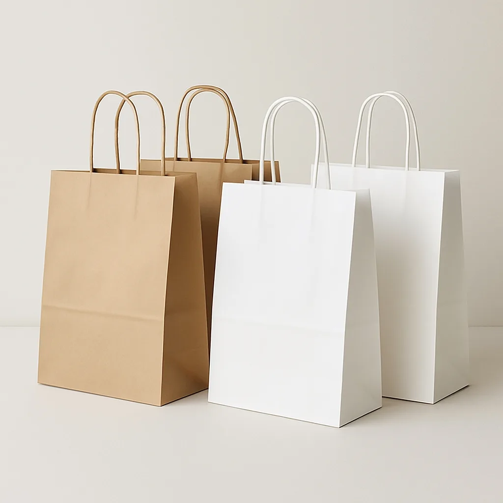 Braune und weiße große Kraftpapiersäcke mit gedrehten Griffen für die Verpackung von Lebensmitteln, für den Einzelhandel und für den Mitnahmeservice.