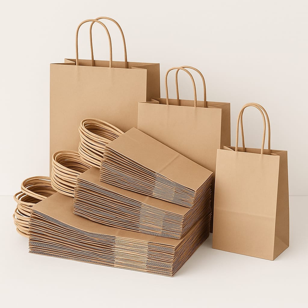 食品包装、小売、持ち帰りサービス用のツイストハンドル付き大型クラフト紙袋を積み重ねました。.
